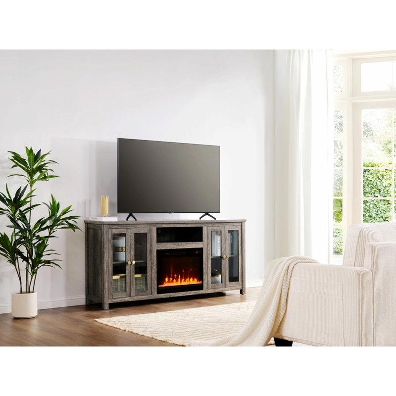 Meuble télé avec foyer, lumière DEL et tablette réglable, Gris