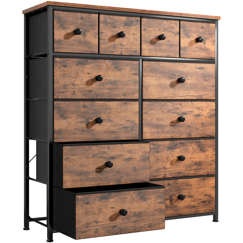 Pekka Dresser for Bedroom with 12 Spacious Storage Drawers, Dressers with Wooden Top and Metal Frame, Rustic Brown