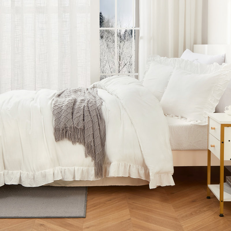 3 Piece Pink Ruffled Comforter Set, Soft Microfiber All Season Bedding, Vintage French Country Style, White