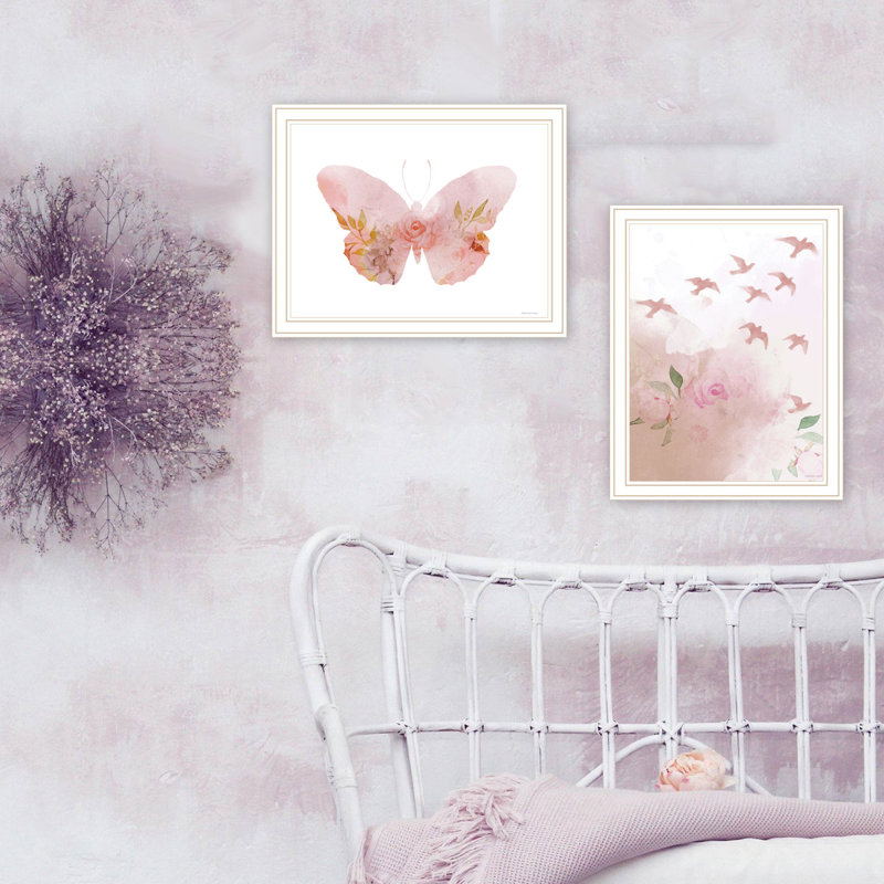 «Trendy Decor 4U», ensemble de 2 reproductions d'art mural encadré pour la salle à manger, oiseaux et papillons