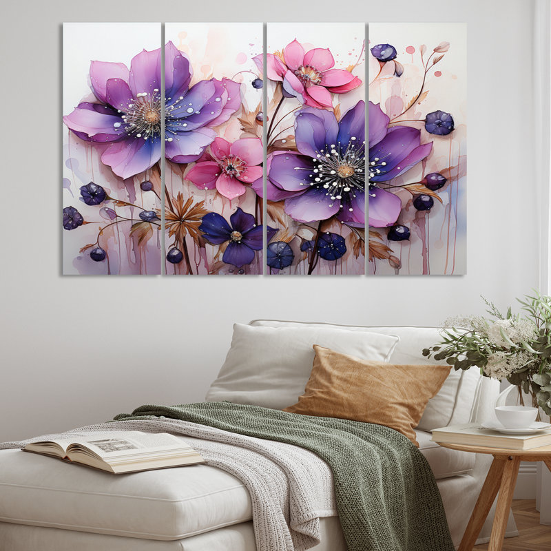 Mauve, rose, fauvisme abstrait botanique Rhapsody - ensemble de reproductions d'art mural abstraites en métal