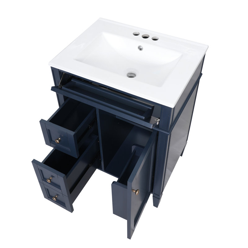 Meuble-lavabo 24 po Modern French Atelier avec comptoir en céramique, meuble-lavabo simple avec tiroir basculant, 2 tiroirs coulissants et armoire de rangement avec organisateur de porte, pieds en bois massif (disponible en noir, blanc, bleu et vert)