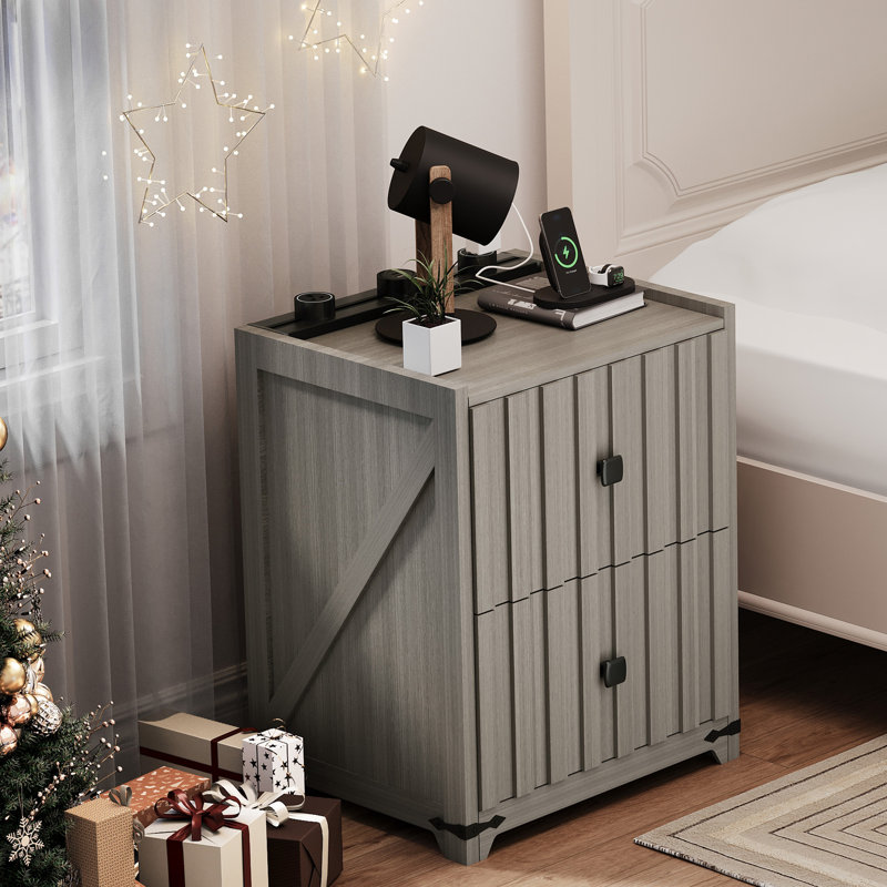 Night Stand With Slidable Charging Station,bedside Table With 2 Drawers,farmhouse End Table And Nightstand,small Side Table For Bedroom,living Room(newly Upgraded)