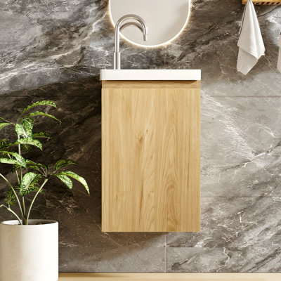Petit meuble-lavabo mural 16 po Aditya, armoire en bois d'acacia massif avec lavabo en résine Smc blanc et porte à fermeture en douceur, design moderne