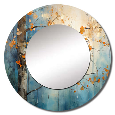 Selvyn Orange Teal Maple Tree Glowing Embers II - Maple Mirror, Traditional Round Unique Wall Mirror, Printed Metal Art