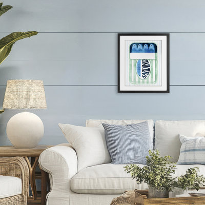 Seafoam Sardine Tin over Stripes Framed Print Under Glass, design by Daphne Polselli