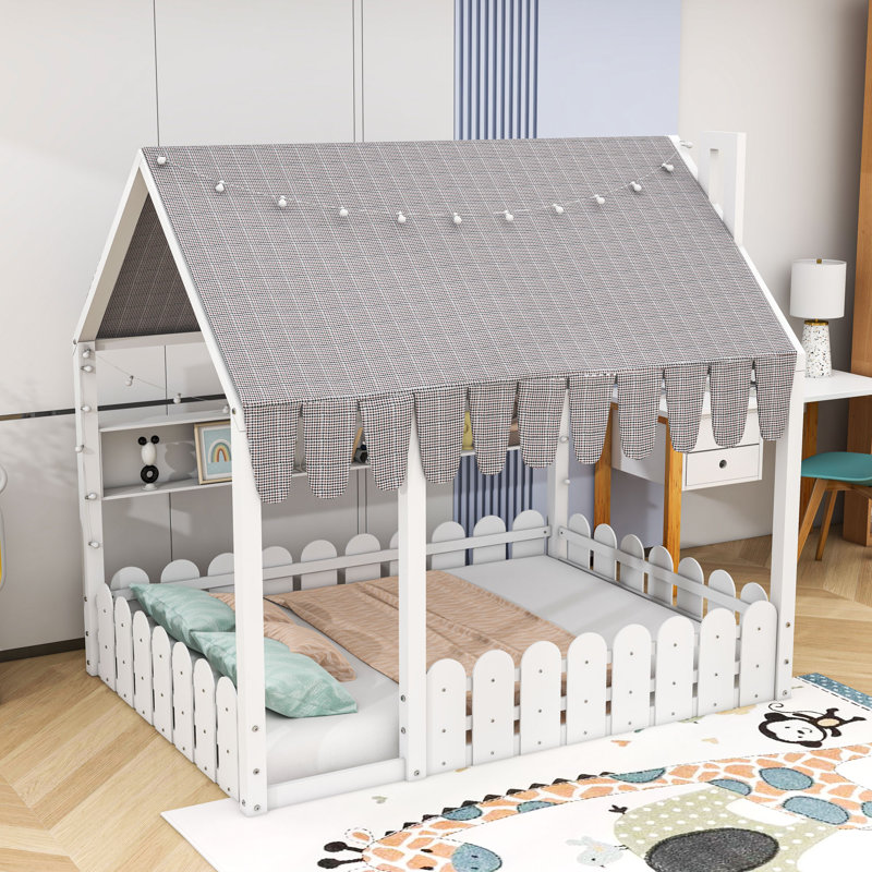 Lit en bois avec tablettes de rangement et lumières, Lit double, Blanc