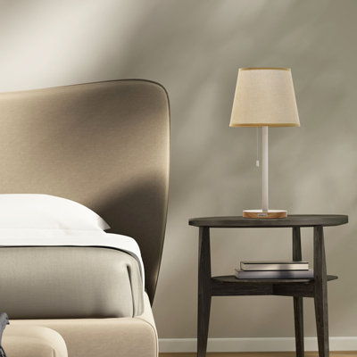 Set Of 2 Wooden Bedside Lamps With Nature Beige Shade For Bedroom, Office, Living Room