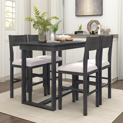 5-piece Farmhouse Counter Height Dining Set With Rectangular Table And 4 Upholstered Chairs, Solid Rubberwood Kitchen Set For Small Spaces