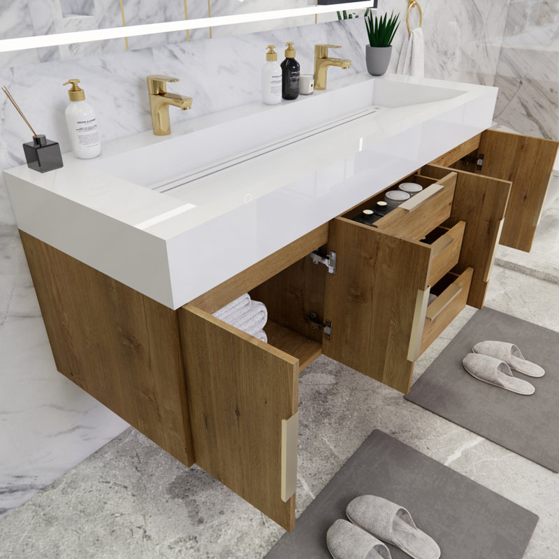 Glasgow 59'' Double Bathroom Vanity with Acrylic Top, Glossy White, Oak