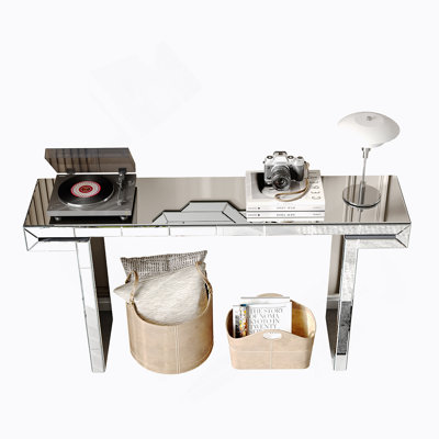 60 Inches Luxury Full-Length Mirror Console Table With Fluted Tempered Glass, Entryway Mirrored Sofa Table, Light Luxury Style, Scratch-Resistant, Reinforced Packaging