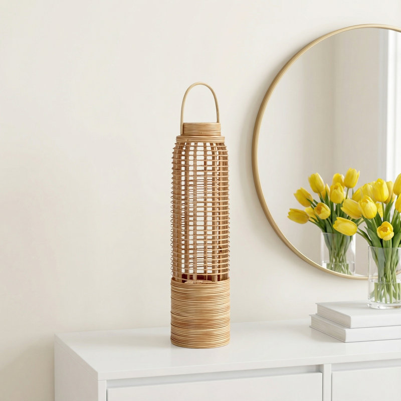 Wicker Tabletop Lantern, 22" H x 7.25" W x 7.25" D