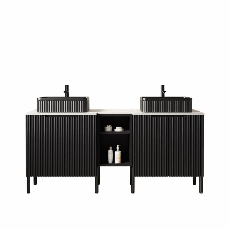 Meuble-lavabo avec lavabo en verre noir transparent et plateau en pierre frittée, 59.84