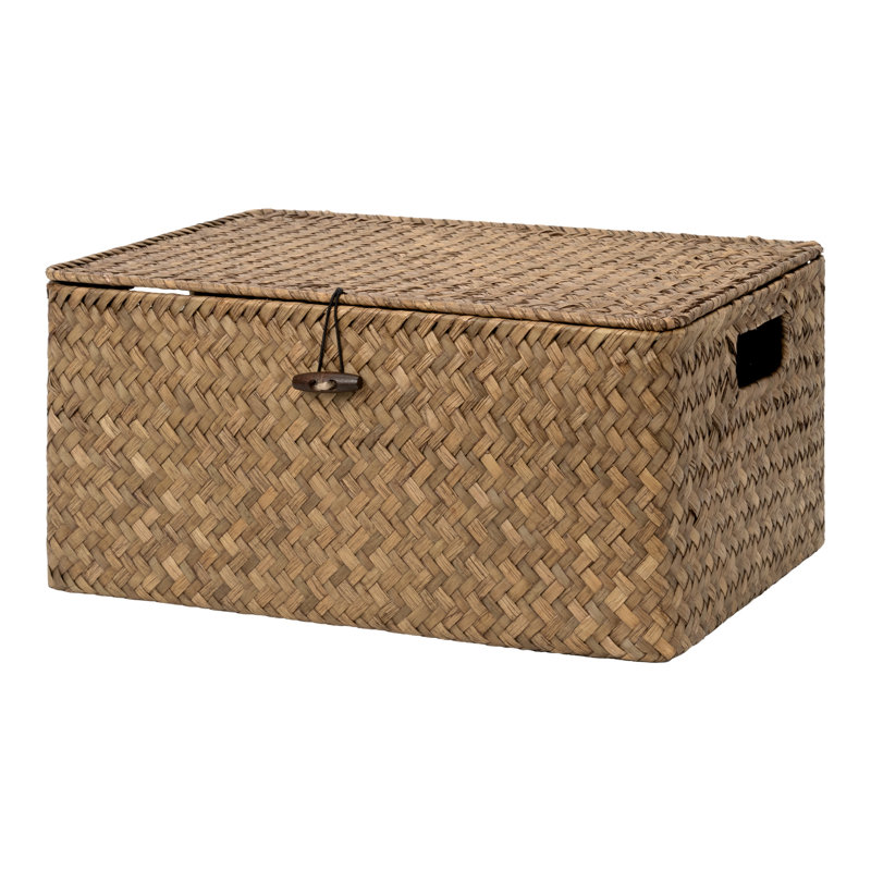 Handwoven Wicker Storage Basket with Flip-Open Lid, Large Basket for Bathroom, Living Room, Nursery, Brown Flat-weave Seagrass