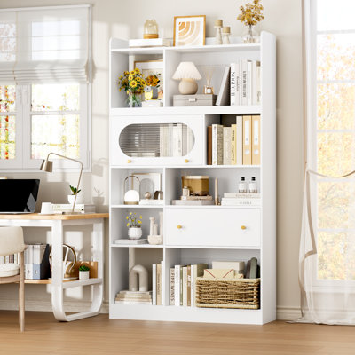 Kirklyn 5-tier Bookcase with Flip - doors, Drawer and Exquisite Design