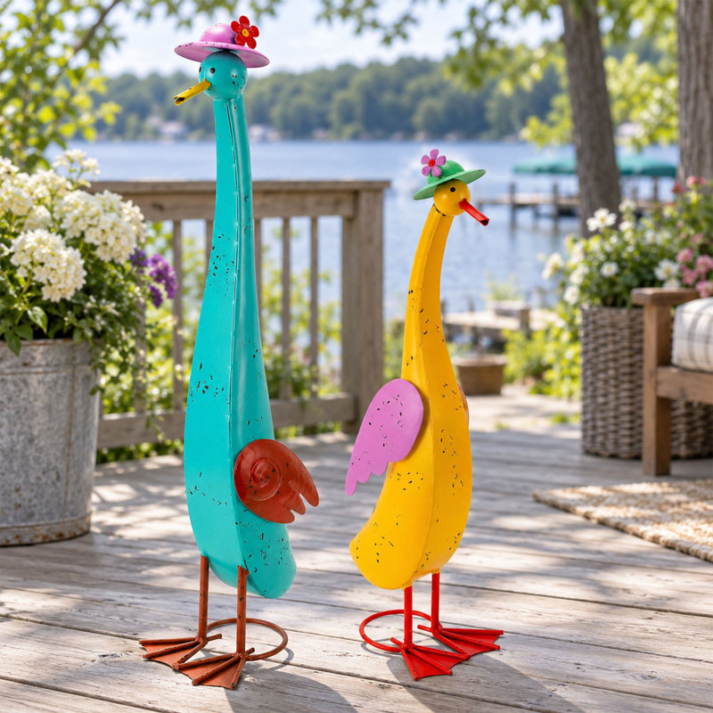 Ensemble de 2 statues de canards en métal pour jardin, sculptures d'oiseaux à long cou