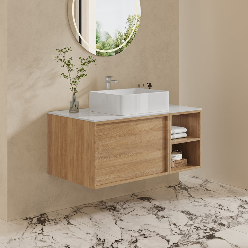 36" Modern Bathroom Vanities With Single Sink, White Glossy Stone Table Top， Floating Vanity With Wood Cabinets, Retangular