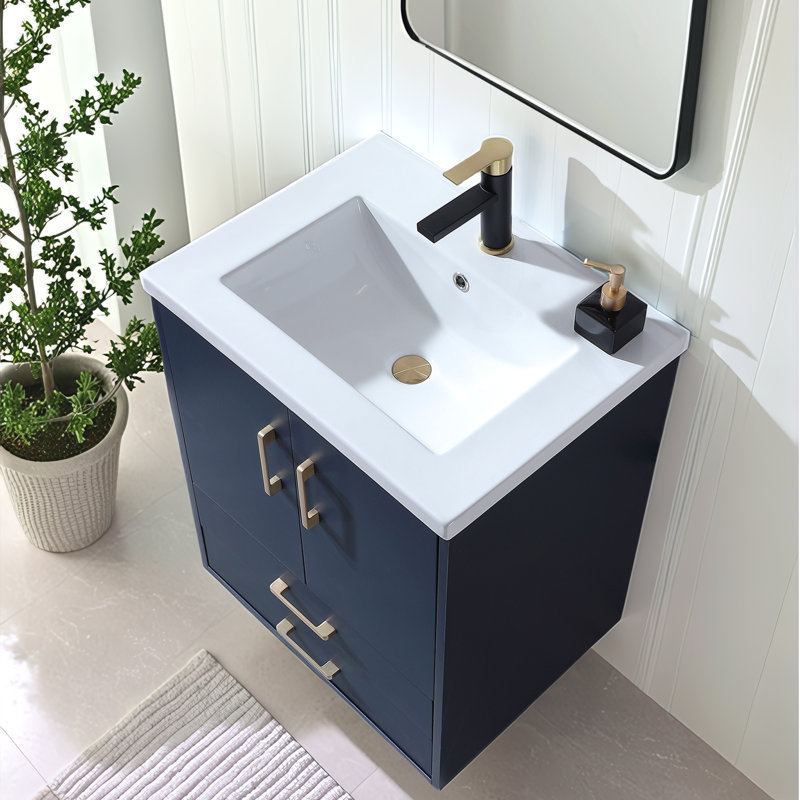 24" Modern Navy Blue Freestanding Single Bathroom Vanity with Ceramic Sink Top & Gold Hardware