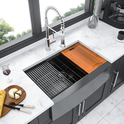 Gunmetal Black 33" Apron Front Kitchen Sink Workstation Stainless Steel