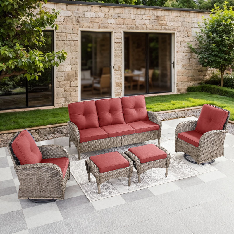 Valierius 5-Piece Outdoor Wicker Patio Furniture With 8 Seat Sofa & Swivel Chair, Coversation Set With Water Resistant Cushions
