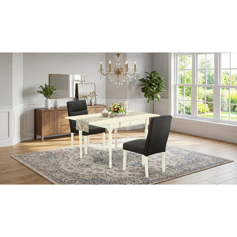 3 Piece Kitchen Table & Chairs Set Contains a Rectangle Dining Room Table with Dropleaf and 2 Linen Fabric Parson Kitchen Chairs, Linen White