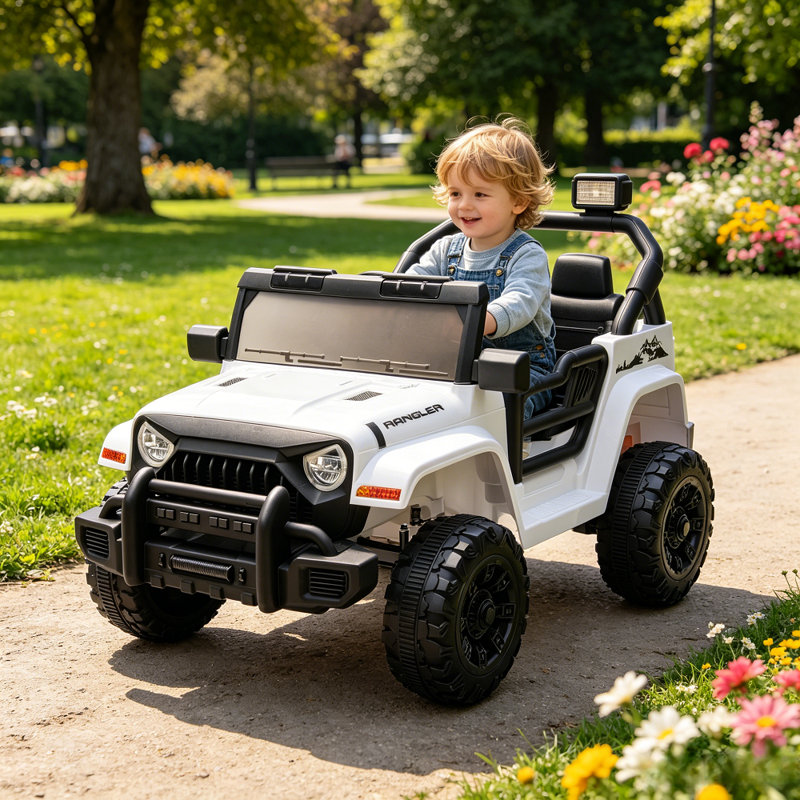 Voiture 12V pour enfants avec télécommande parentale, lumières Bluetooth et DEL, Noir / blanc / brun clair