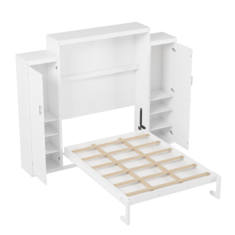 Murphy bed with 2 closets and storage shelves, multifunctional foldable platform bed frame