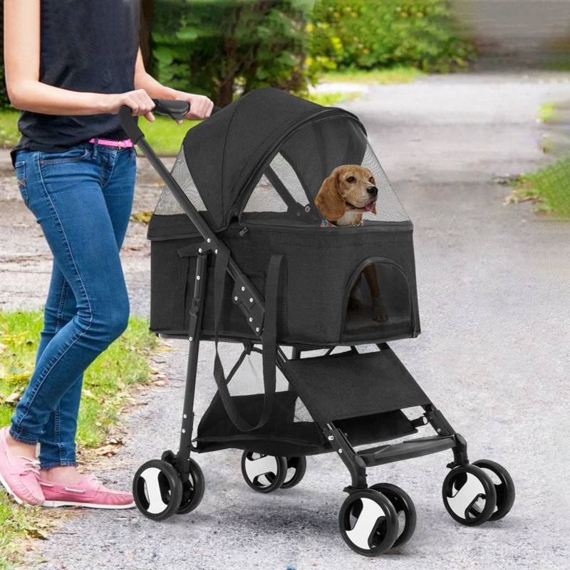 Black Foldable Stainless Steel Pet Stroller with Detachable Carrier