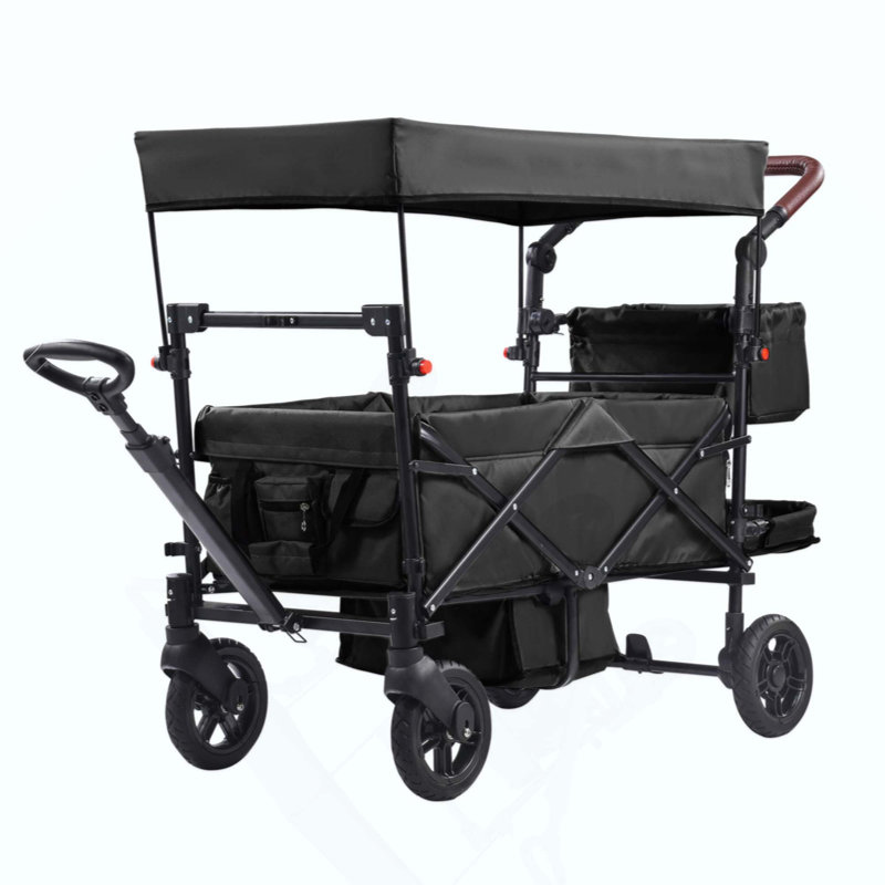 Poussette Wagon pour 2 enfants, poussette pliable quadruple avec poignée réglable, auvent amovible pour harnais, 4 roues avec freins, poussette tandem multifonctionnelle pour le camping