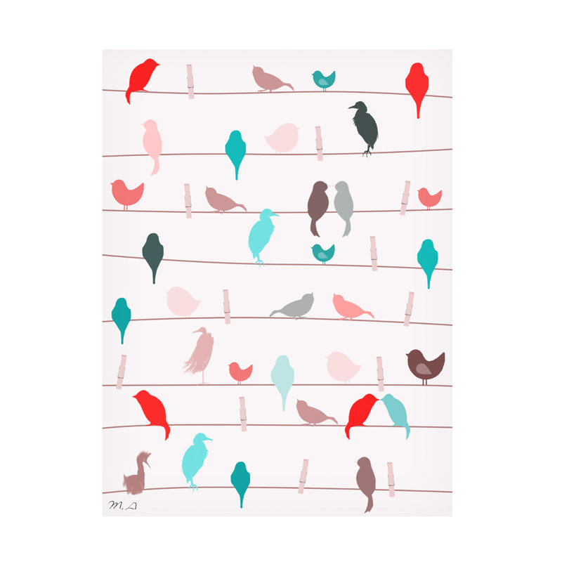 Reproduction d'oiseaux sur une corde à linge sur toile par Mark Ashkenazi, H 19 po x l 14 po x P 2 po