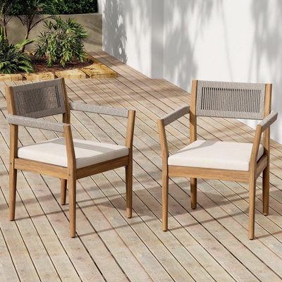 Ensemble de 6 chaises de salle à manger en bois d'acacia tressé - aspect teck avec corde beige et coussins crème, accoudoirs - meubles de patio toutes saisons pour le jardin, la piscine et la cour