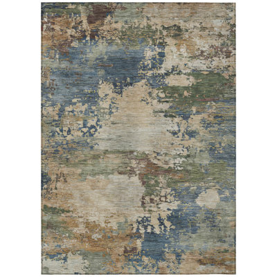 8' X 10' Blue Green And Beige Abstract Washable Indoor Outdoor Area Rug