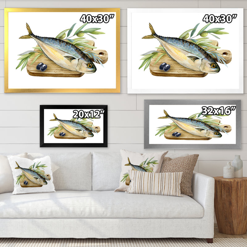 Poisson de mer avec herbes et branche d'olivier - Peinture sur toile, H 16 po x l 32 po, Cadre photo blanc