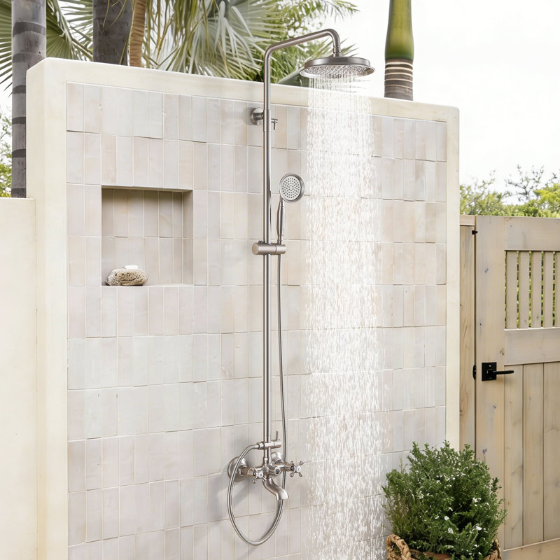 Douche d'extérieur murale 3 fonctions rétro industrielle avec lavage des pieds et douche à main, Nickel brossé