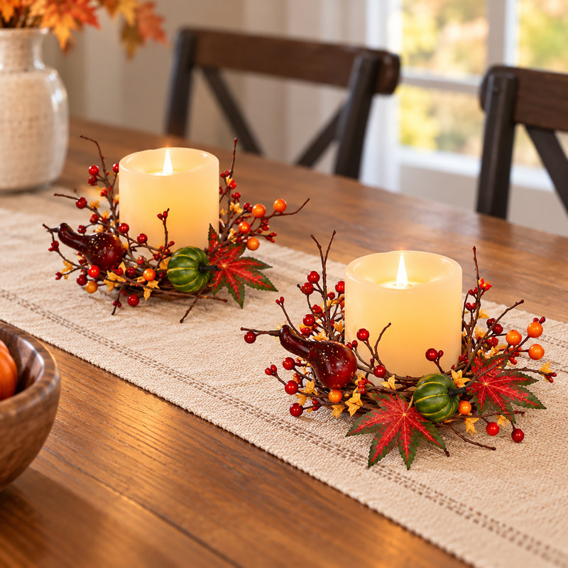3.25" Inner Diameter Gourd with Berries Pillar Candle Ring, 12" H x 12" W x 3" D