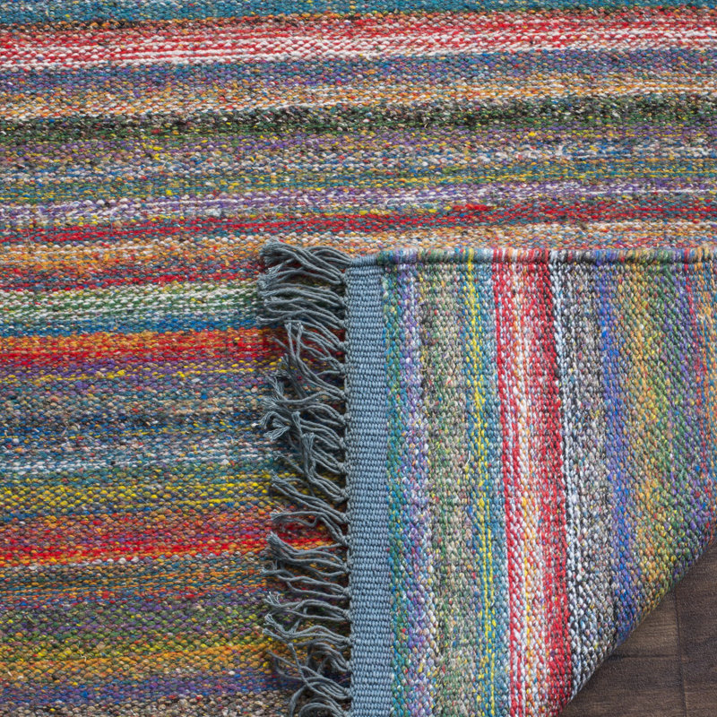 Margolis Hand Woven Viscose/Cotton Striped Rug in Blue/Orange, Rectangle 4' x 6'