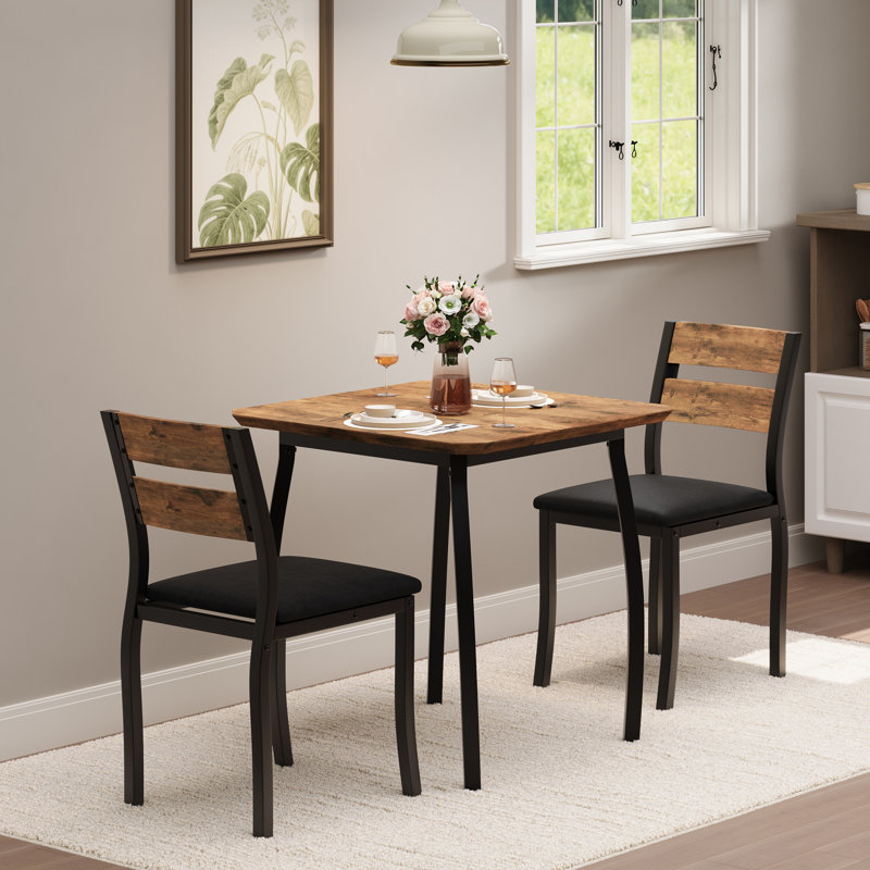 3 Piece Dining Table Set for 2, Farmhouse Kitchen Table and Upholstered Chair, Metal Frame Square Dining Room Furniture for Small Space, Apartment, Studio