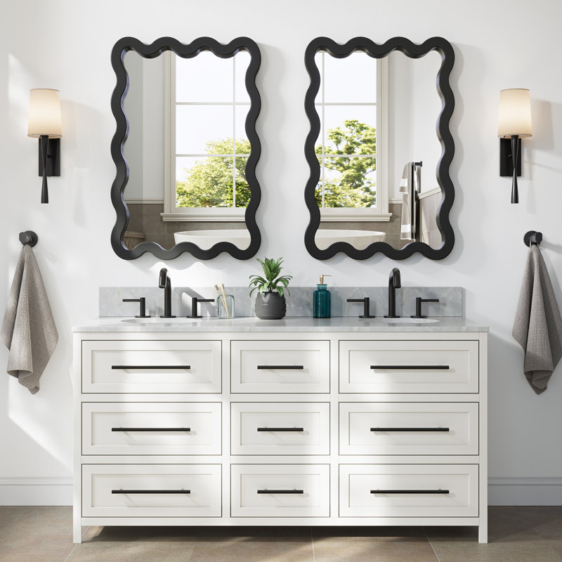 Rectangle Solid Wood Wavy Flat Wall Mirror, Matte Black, 36" x 24" 