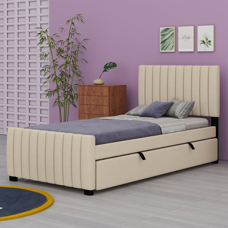 Velvet Upholstered Platform Bed with Trundle, Beige, Twin