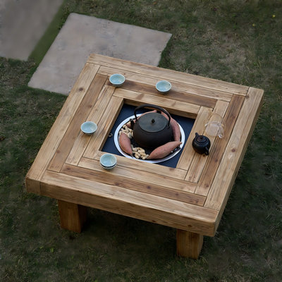 35.43" Square Solid Wood Charcoal Wood Burning Outdoor Fire Pit Table