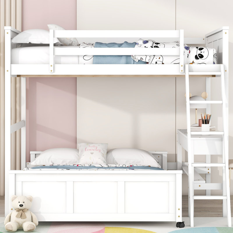 Lit superposé en bois massif blanc avec bureau - stable et de construction, offre un espace d'étude pratique, est livré avec une trousse d'assemblage complète, une chambre pratique