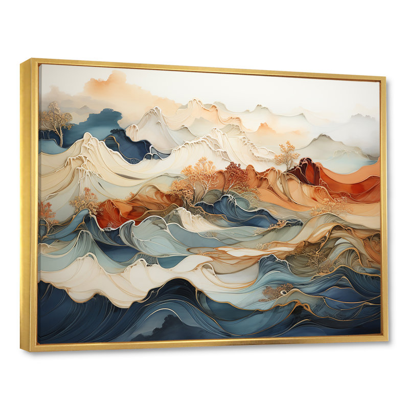Abstrait abstrait orange et bleu, encre de rivière III - art abstrait sur toile marbrée, Reproduction avec cadre flottant
