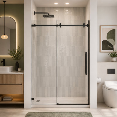 Porte de douche coulissante sans cadre l 44 po à 48 po x H 72 po, verre trempé transparent de 1/4 po (6 mm)