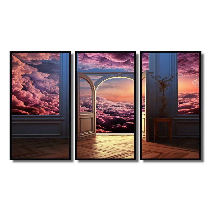 Mayron - Ensemble d'art mural nuages, Cadre flottant noir, H 32 po x l 48 po x P 1 po