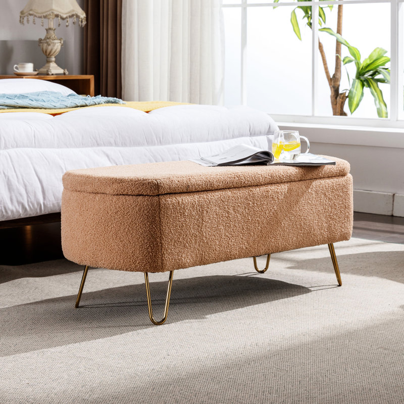 Modern Camel Faux Fur Bench With Storage And Gold Legs For Living Space Bedroom, Camel
