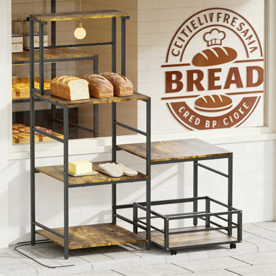 Mini Fridge Stand With Power Outlet & Adjustable Shelf, Microwave Stand Kitchen Baker's Rack With Movable Basket, Storage Organizer For Dorm, Office, Home