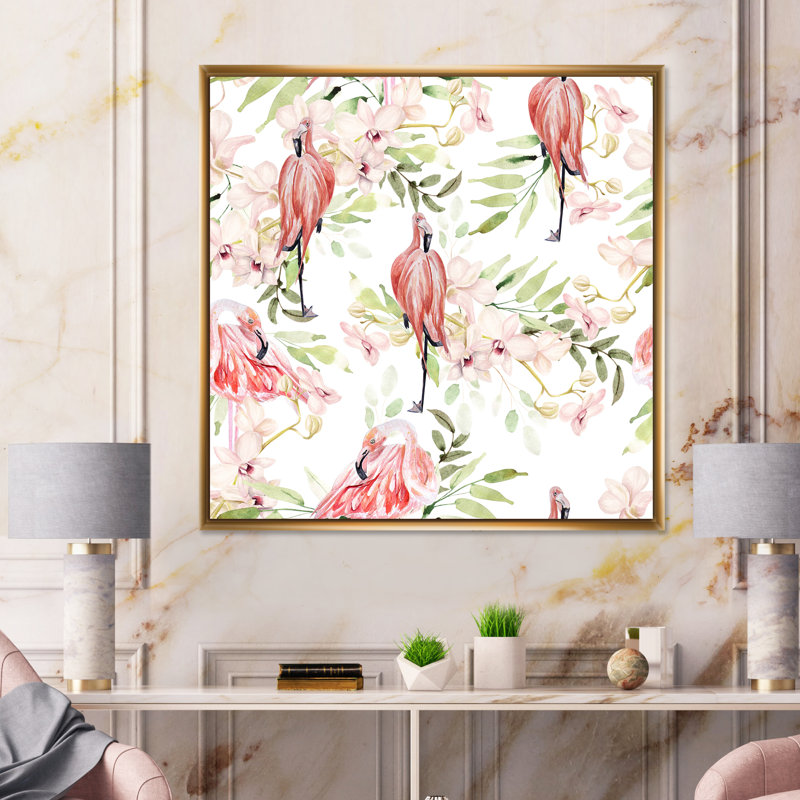Motif lumineux avec des fleurs de feuilles, oiseau flamant rose - peinture sur toile, Cadre doré, H 31 po x l 31 po