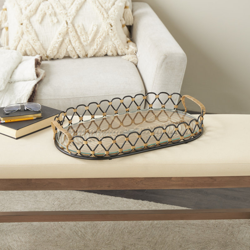 Carli Metal Circular Woven Decor Black Tray with Glass Base, 3.55" H x 21.95" W x 12.4" D
