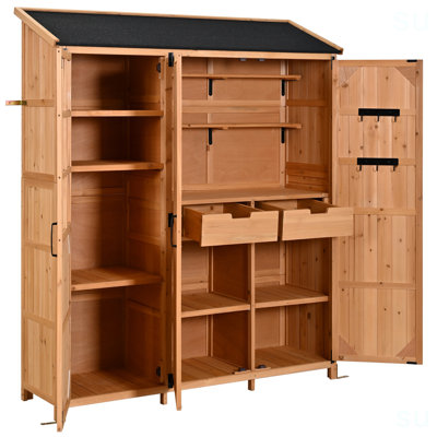  Topmax 60.6X19.3X71.6Inch Large Patio Garden Shed With Waterproof Roof, 3 Doors Storage Cabinet With Workstation, 7 Storage Shelves, 2 Drawers And 6 Hooks For Backyard