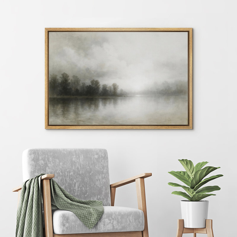 «Bright Misty Forest Lake with Morning Light Reflection», reproduction d'art sur toile encadrée dans la chambre principale